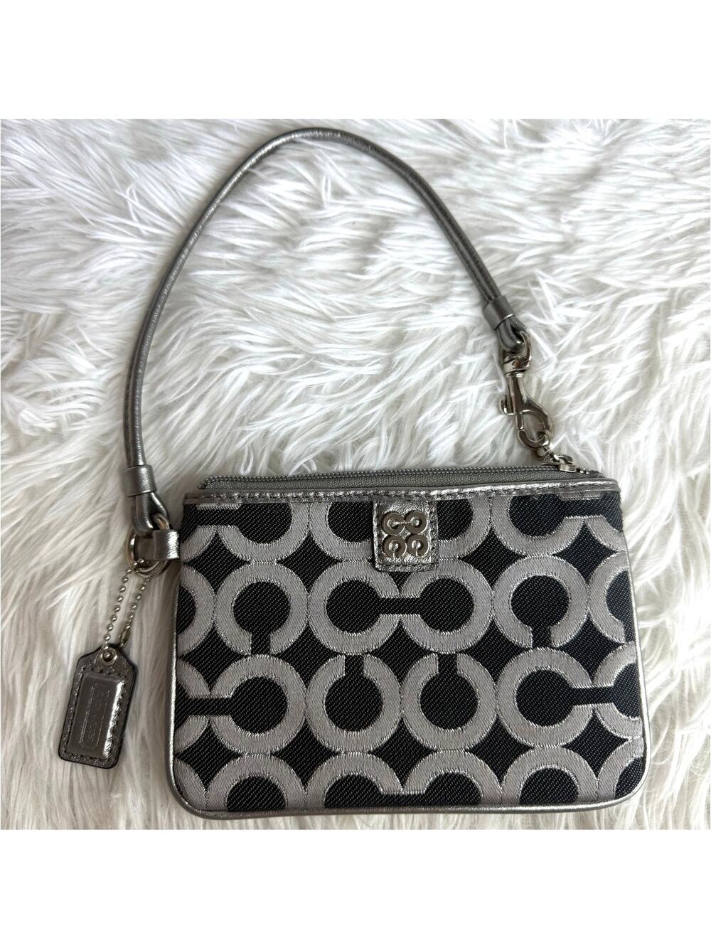 COACH Silver Gray Black Signature Canvas Wristlet